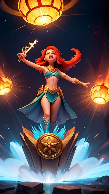1 mature female,25yo,cleavage,(female wizard surrounded and attacked by multiple female goblins during a battle),(Heinous estrus goblin),(red blush,smile),((torn gorgeous wizard dress:1.2)),(attacking magic,fire ball),dynamic pose,dynamic angle,no panties,(from below:1.2)(perfect pussy), ( oppening legs ),