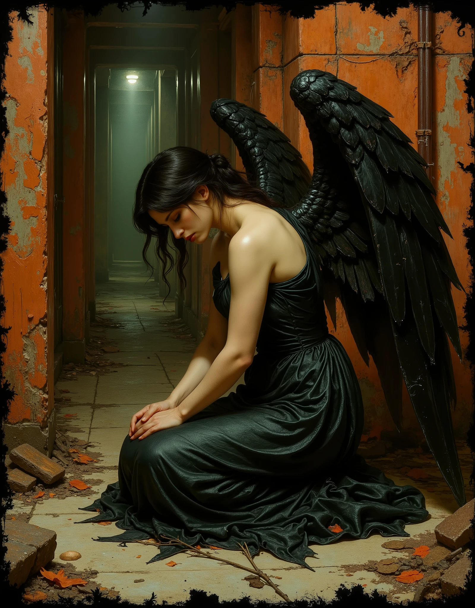 Angel with black wings, black robe, A narrative of the "dark angel" unfolds across three haunting images, each a testament to the fallen angel's sorrowful descent, echoing the Pre-Raphaelite artistry of Edward Burne-Jones and Dante Gabriel Rossetti. In the first image, a figure kneels in a dimly lit, industrial room, vast black wings unfurling like shadows. The angel, cloaked in darkness, bows over a shrouded form, its feathers jagged and worn, suggesting a fall from grace. --a solitary angel with a broken wing, her head bowed in silent despair. Her dark, flowing hair and tattered gown evoke Rossetti's intense emotional depth, the texture of her wings painted with a gritty realism that mirrors the Pre-Raphaelite obsession with nature's decay. The sepia background, cracked and stained, frames her as a relic of lost divinity, her gaze inward, embodying the fallen angel's eternal regret. -- The angel sits against muted tones and melancholic pose reflect Burne-Jones' ethereal melancholy, where divine beauty meets earthly ruin. -- Barry Windsor Smith -- Lurid vivid colors and details,an ominous mood, chilling atmosphere, smoky ambiance, cinematic composition, detailed, intricate, medium contrast, murky blue and green back lighting, volumetric lighting, romantic period art, lurid and vivid colors, perfect anatomy, masterpiece, HD, 8x, "anatomically correct human" "realistic proportions" "natural human pose" "full figure, accurate anatomy" "correct fingers and joints", moody lighting, chiaroscuro, Italian pulp comic color palette, saturated dark orange tones and dark muddy greens, sparse red tinges on the edges of objects, film grain, , dramatic shadows, unnatural angles, dark frame around image, vignette effect, Suspended reality and dreamlike quality, Symbolic and grotesque imagery, Intricate lighting and shadow play, Stylized color palettes, Dynamic framing and composition, erotic, sexy, NSFW, more of a classic painting/illustration style than a photograph