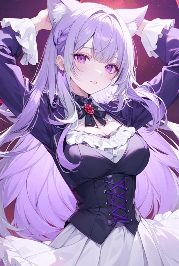 Fox girl, white hair, Left eye purple, right eye white, purple mark on the left face side, cute face, blushing, purple and black elements on hair,in pleasure , beautiful lights and shadows, ambient light, ultra detailed hair, volumetric light, *Hentai*