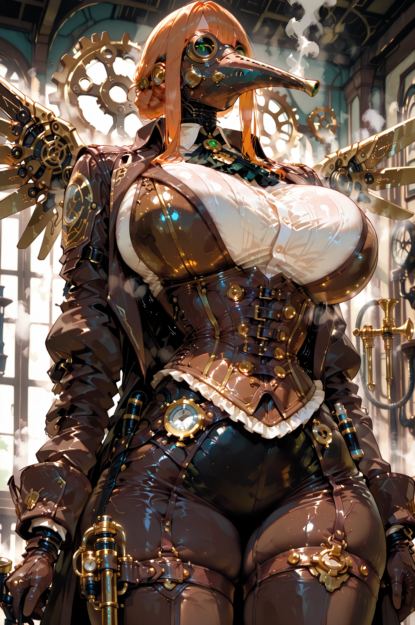 (masterpiece:1.2,high quality), 1girl, ((ultra realistic details)), global illumination, shadows, Unreal Engine, octane render, 8k, ultra sharp, metal, intricate, ornaments detailed, highly intricate details, yellow eyes, (mechanical body:1.2), white hair, (black gas mask), Gear, bob cut, hundreds of wires, Terran, (Robot, android:1.15), Apocalypse, broken buildings, full body, whole body. 1solo (girl). standing, hands on hips full body, whole body. choker, big belt, view from below, feet together, bracers, tiara