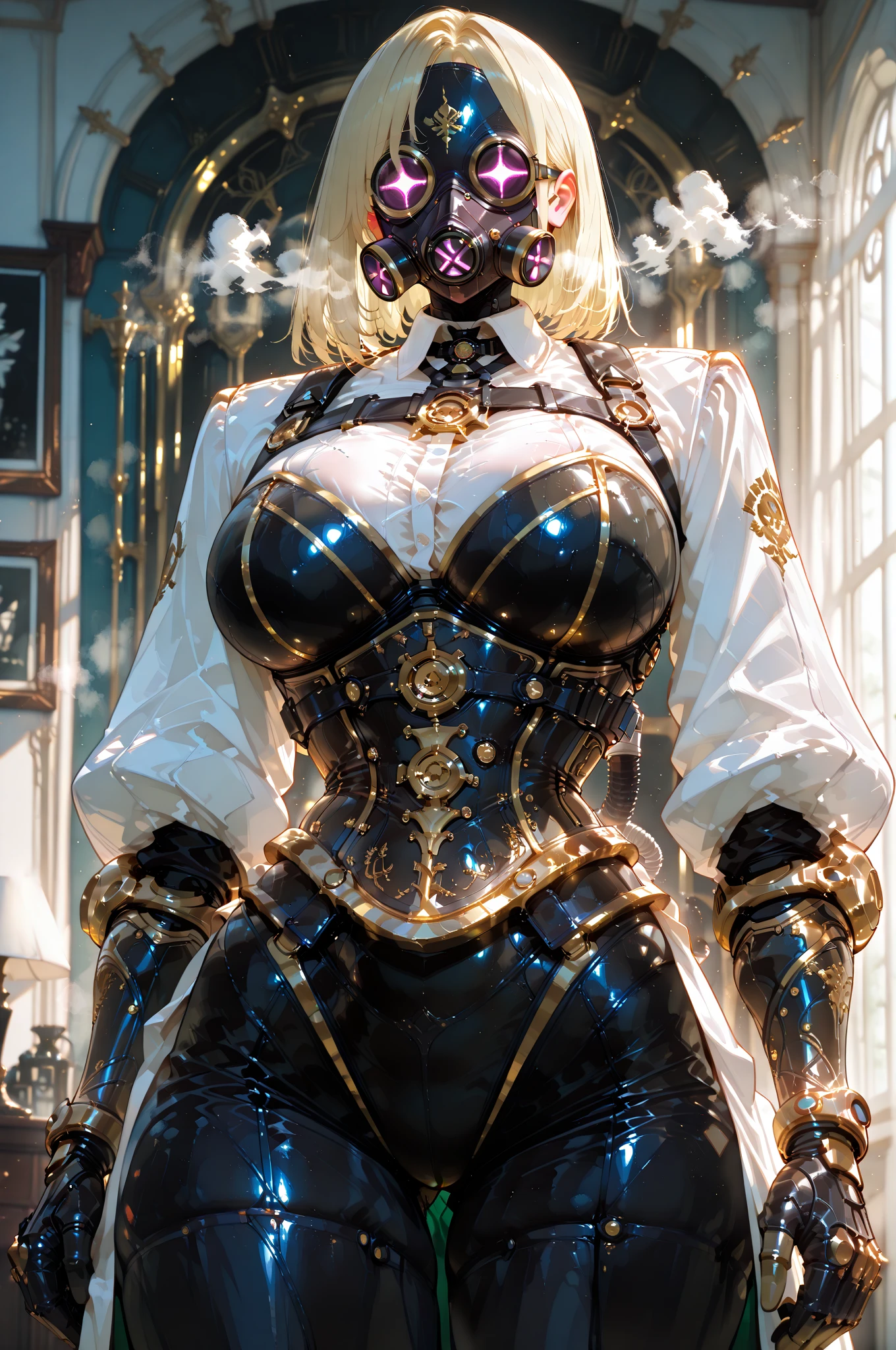 (masterpiece:1.2,high quality), 1girl, ((ultra realistic details)), global illumination, shadows, Unreal Engine, octane render, 8k, ultra sharp, metal, intricate, ornaments detailed, highly intricate details, yellow eyes, (mechanical body:1.2), white hair, (black gas mask), Gear, bob cut, hundreds of wires, Terran, (Robot, android:1.15), Apocalypse, broken buildings, full body, whole body. 1solo (girl). standing, hands on hips full body, whole body. choker, big belt, view from below, feet together, bracers, tiara