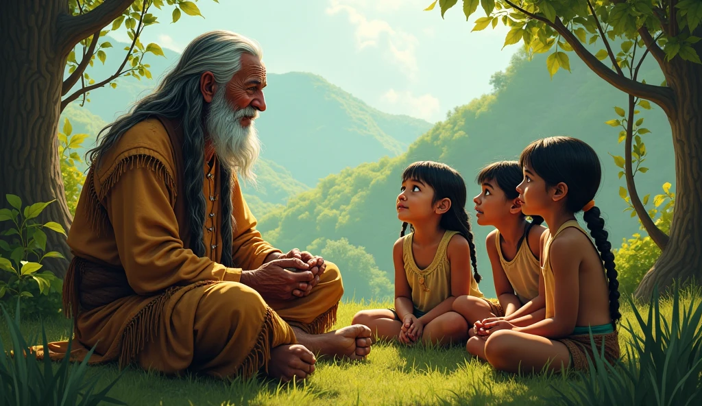 Description: an old man, wise looking, with white hair and marked wrinkles, He is sitting under a big tree. Around it, un grupo de children está reunido en un círculo, looking at him carefully. Text: "Come on, children, I will tell you the story of Karãu, an ancient legend of our land."