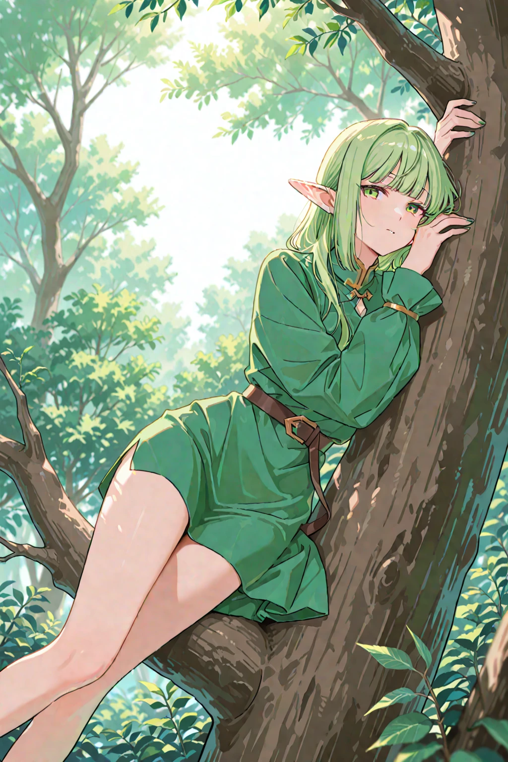 an elf girl in a jungle,sitting on a rock, wearing nothing, i can see her pussy
