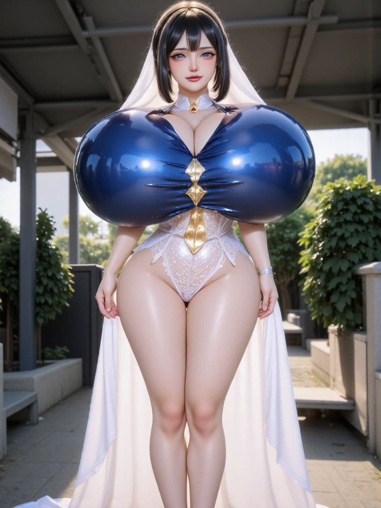 in the Comiket_Cosplay_Square, Highest quality}, {so beautiful}, {Very detailed}, {Best illustrations}, Realistic, masterpiece, Highest quality, (Beautiful Eyes), Brown Hair, ponytail,1girl, Huge breasts, Sweat, Gold embroidered pattern elfoutfit, Earrings, Central opening, arms behind her body, Camel Toe:1.3, Great tit, puffy nipple:1.3, Cleavage, Plump, overtake, overtakeデカ尻,