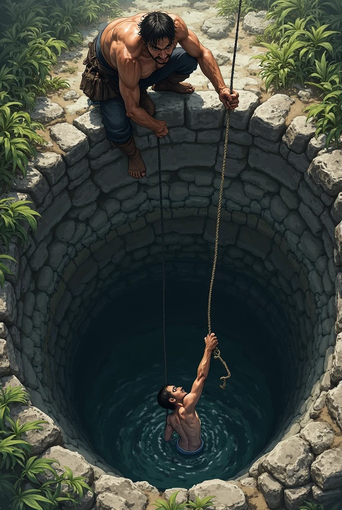 A strong boy rescues a man from a well by tying him with a rope