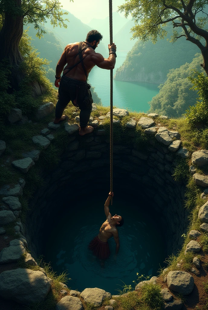 A strong boy rescues a man from a well by tying him with a rope