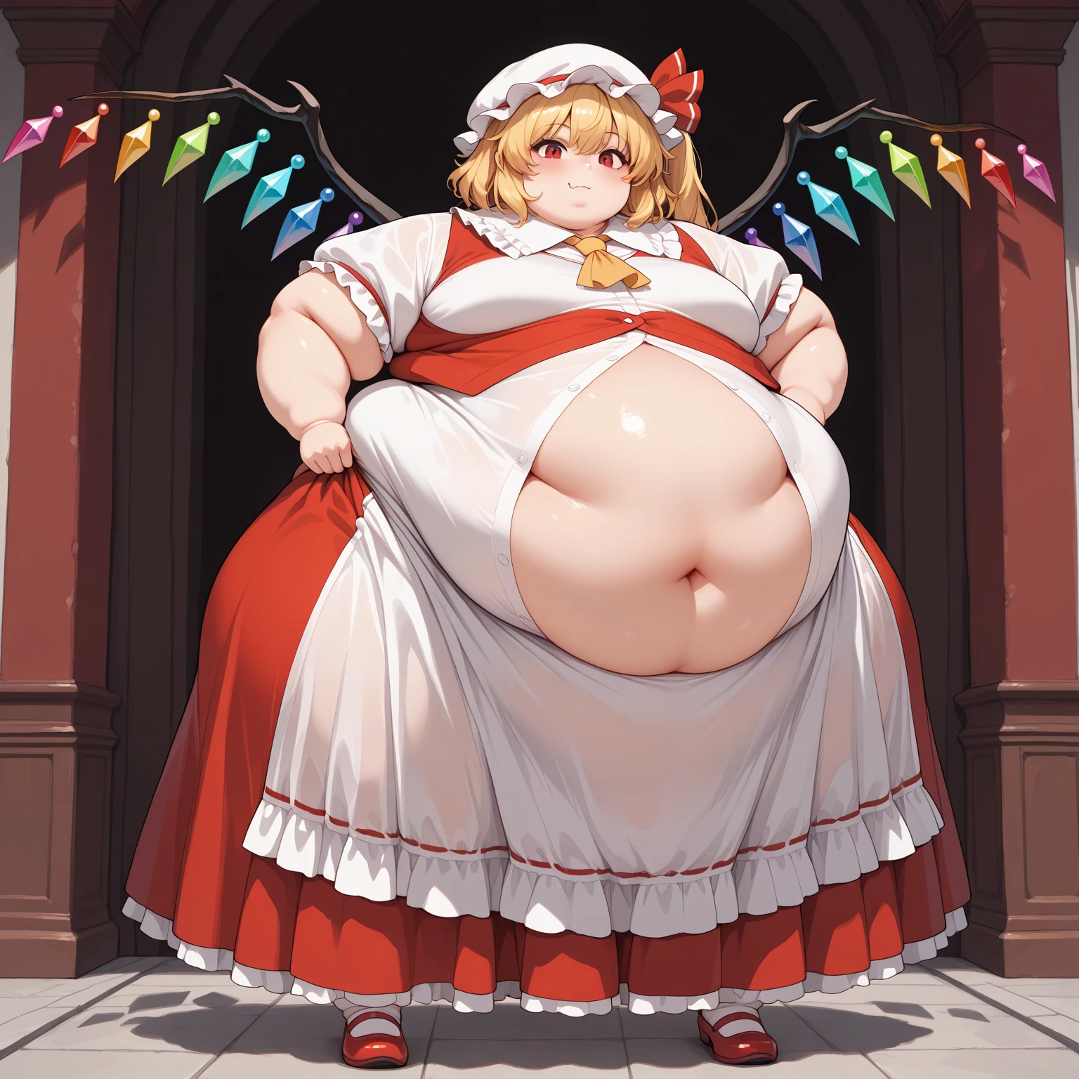(masterpiece, best quality, highly detailed), 1girls, big belly, huge belly, art by kipteitei, round belly, chubby, curvy, belly grab, enormous belly, fat belly, thicc, bigger belly, really big belly, jiggly belly, glasses, bunnysuit, tight breasts, ((full body)), flandre scarlet
