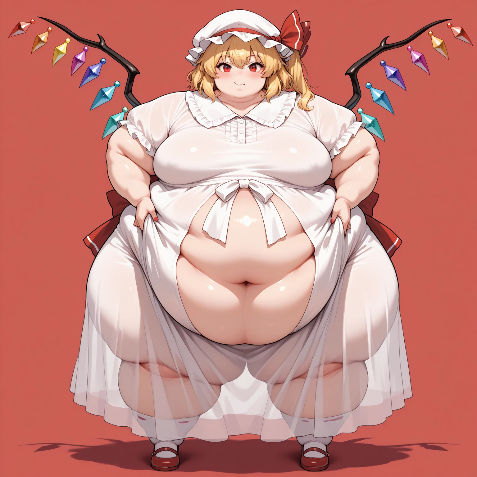 (masterpiece, best quality, highly detailed), 1girls, big belly, huge belly, art by kipteitei, round belly, chubby, curvy, simple_background, gradient_background, belly grab, enormous belly, fat belly, thicc, bigger belly, really big belly, jiggly belly, shirt covering belly, belly cover by shirt, glasses, ((shrine maiden clothes)), barefoot, (sweating), (exhausted), ((full body)), long hair, Flandre scarlet