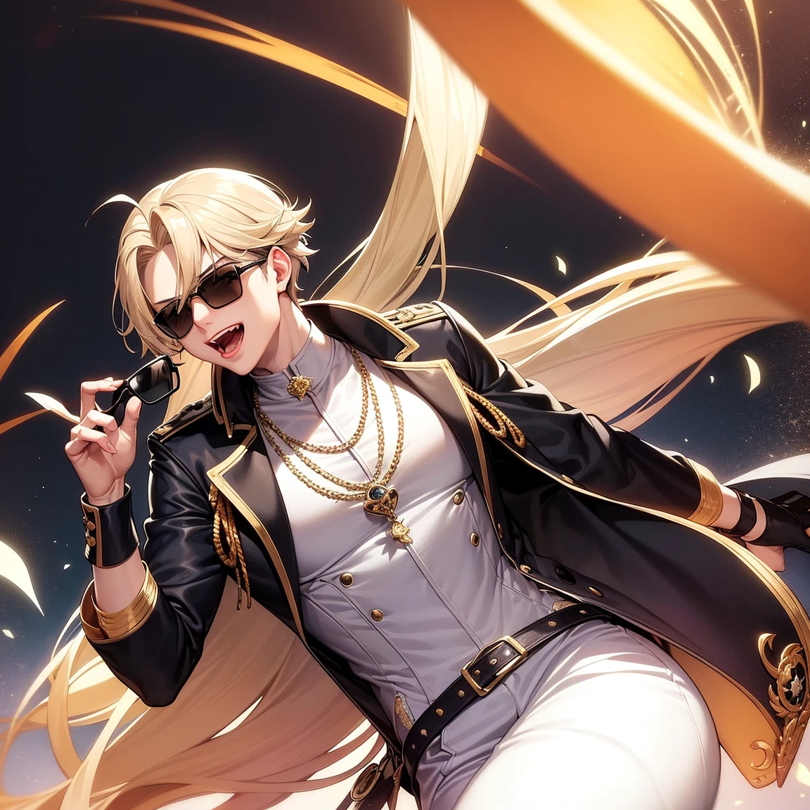 1 boy, anime, high quality, intricate details, futuristic, androgynous, casino setting, elegant, suit, messy hair, blonde hair, gloves, stern expression, waistbelt, brooch, freckles, demon horns, messy hair, earrings, tattoos, black eyes, effeminate, small braid 