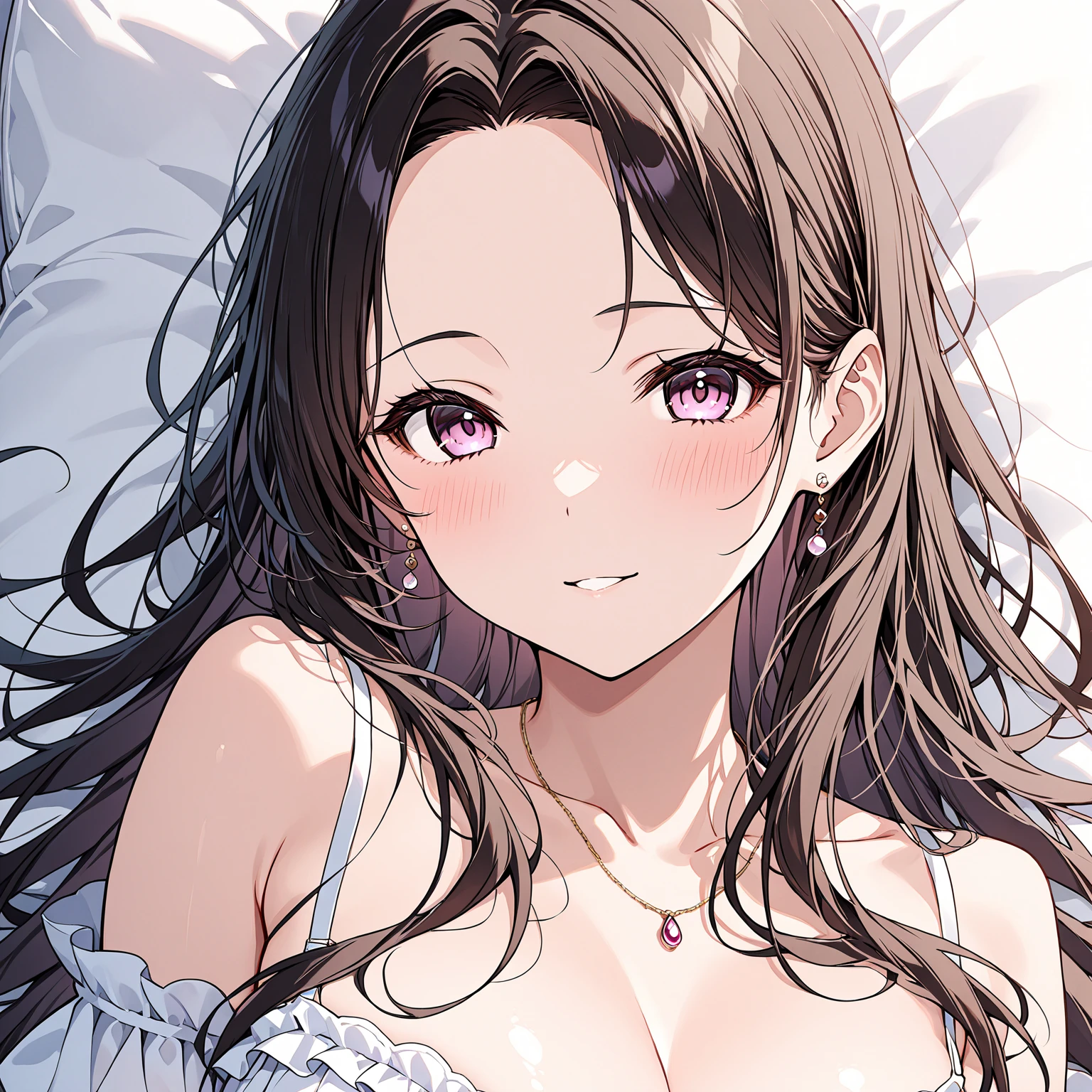 ​masterpiece、top-quality、(brown colored long hair、I have bangs:1.1)、25 year old woman with purple eyes、Wearing a white off-the-shoulder blouse、lying down with hand on chin、(Cleavage is visible:1.1)、(A smiling expression of embarrassment:1.3)、(Staring:1.5)、(Close-up of the subject's face:1.3)、five perfect and beautiful fingers、place the camera over the subject、Bed in the background、Bold composition、Upper body is shown、Alone
