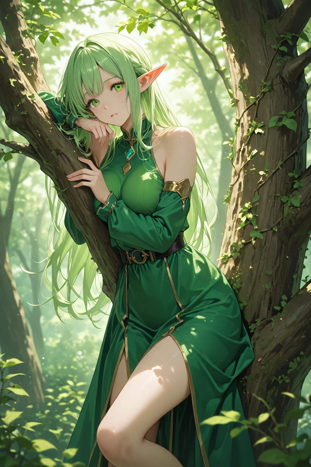 top-quality、Top image quality、​masterpiece、An elf girl((18year old、Best Bust、big bast,Beautiful green eyes、Breasts wide open, Green Twin Tail、a little muscular、Large valleys、Reflecting the whole body、Green Scarf、White robed clothes、Green Wind Aura、Physical education sitting)）hiquality、Beautiful Art、Background with((natta、mountain path、Large grasslands,Burning Fire、teepee)))、,masutepiece、visualart、depth of fields、