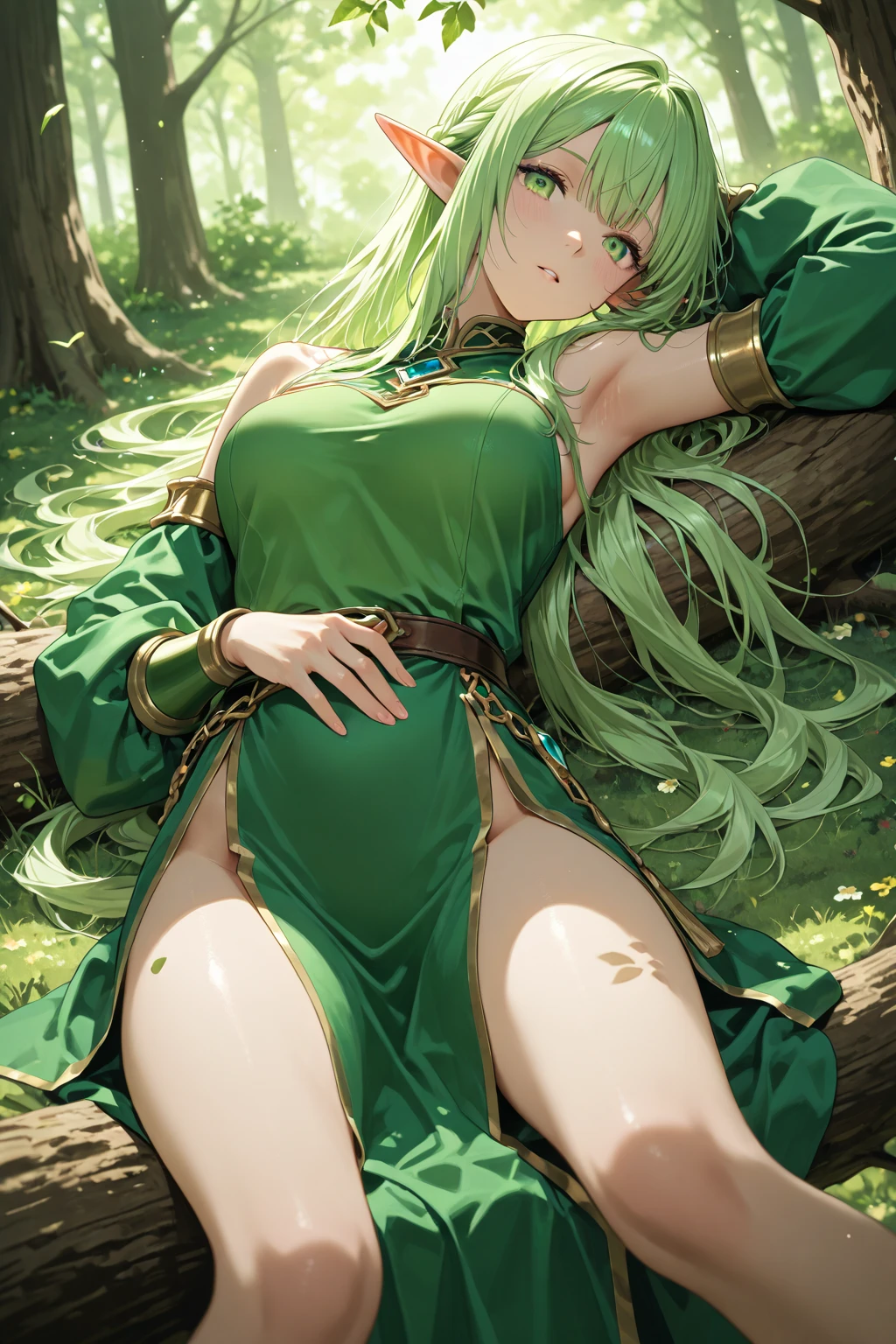 masterpiece, 8k, best quality, highly detailed, a sexy witch wearing robes made of beautiful green & pink flowers