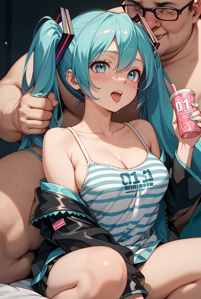 masterpiece, best quality, highres, seraphine1, 1girl, solo, blue hair, k/da \(league of legends\), very long hair, multicolored hair, jewelry, ponytail, blue eyes, earrings, dress, black choker, two tom hair, purple hair, black thighs, bracelet, black skirt, crystal, large breasts, on stage, waving, nsfw, topless, (((micro-bikini)))), (((shy)), ((blush)), (((ahegao))), fans on the side, fan on stage,  ((((drooling))), men surrounding, men pulling at her clothes, background screen displaying her on a large scale, (((asking for milk))), spitting, thick drool, holding mug, steam, sweaty, tears in her eyes, nipple stickers, topless,