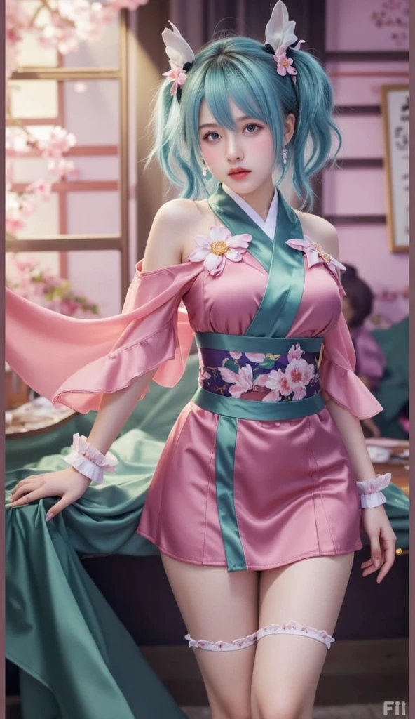 beautiful, looking at viewer, detailed face, outside, fantasy, beautiful lighting, bull body, (22 year old Spanish Woman), blue hair, green eyes, sitting, detailed eyes, detailed face, detailed hands, pink kimono
