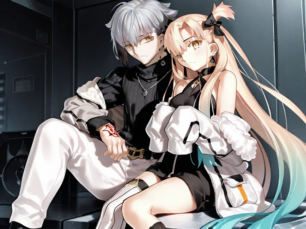 Artwork anime couple hugging white hair-blue eyes on knees, they cry, on the spaceship with a dark background luses flickering chaotic , Anime 2d, Anime 2d style, Anime Wallaper, , Yandere gapmoe grimdark, Yandere, art 2d, art 2d, night, Yandere. high, Yandere gapmoe, Danganronpa digital art, hd Anime Wallaper, white wick suits , bleeding, knife in the abdomen, blood stain, bejetation, acesine look
