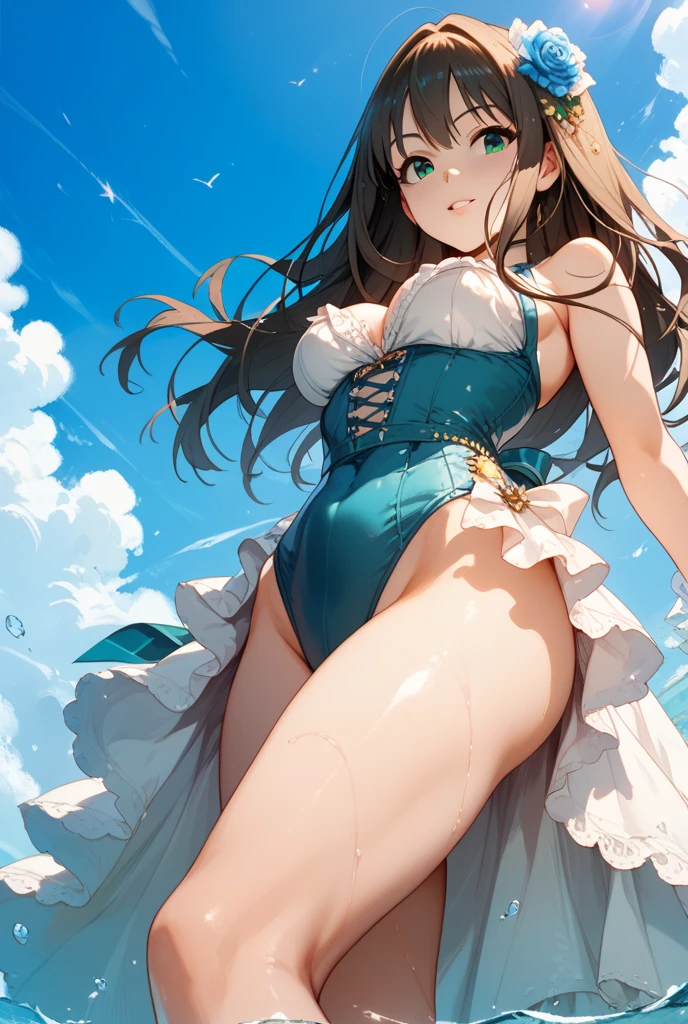 raw photo, photorealistic, masterpiece, best quality, Highest details, beautiful and aesthetic, vibrant colors, high resolution, BREAK
(from below:1.3, looking down, intense low angle from ground-level:1.3),Scale to fit the dimensions, character closeup, sharp focus, crotch focus,( perfect anatomy:1.3),(( detailed perfect five fingers:1.3)), BREAK
(1girl, European),(posing for photo shoot:1.2,arms up:1.1,looking at viewer:1.1),(sexy_white_swim_suit,micro mini skirt:1.0, cameltoe:1.2), BREAK
super detailed beautiful white skin, slender body, small hips,highest detailed beautiful face and eyes,( Cute smile:1.3,enjoy:1.1),( pretty:1.3, very adorable:1.1),(beautiful face, perfect face, attractive face),(shiny hair, glossy lips), BREAK
perfect lighting, extreme detailed, highest detailed, depth of field, lens flare, sky:1.2, cloud:1.0, golden_hour, wind, at beach, dark theme