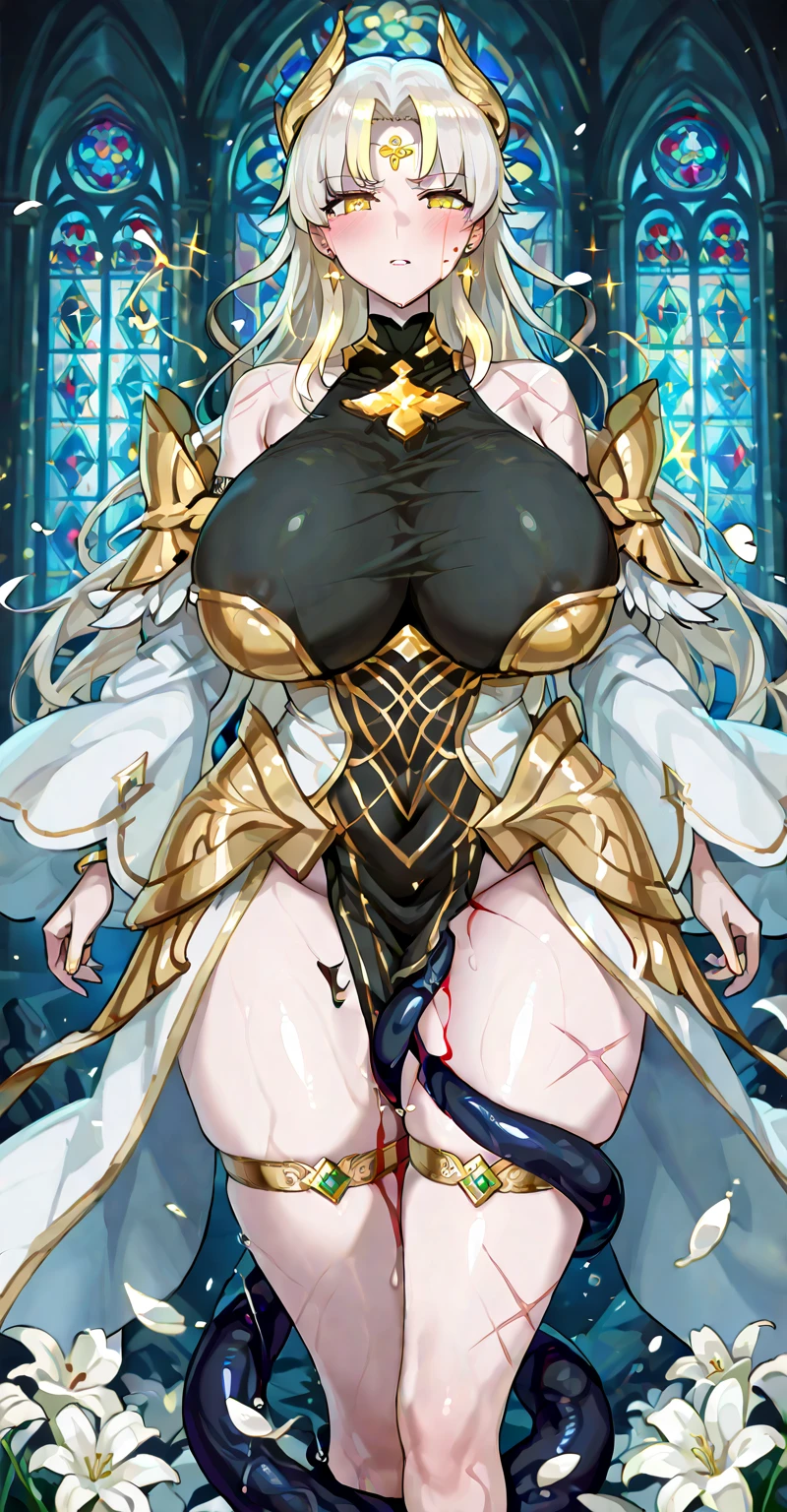 Priestessess,Valkyrie,Angel Wings,belly button,Side bust,Complex,Particles of light,Plump thighs,Shiny skin, Perfect lighting, One girl, View your viewers,Winged hat,Pelvic Curtain, smile,(masterpiece), (Highest quality), Very large breasts, maternal, Porcelain-like skin, Honey Blonde Hair, Very long hair, Wavy Hair Vulgar tattoos Whore Pose Lewd face