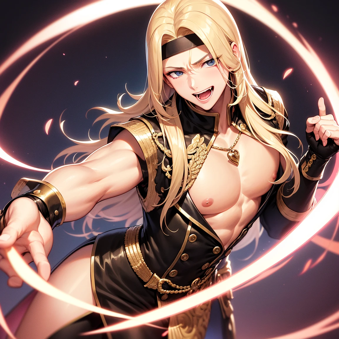 Young guy, long blonde hair, violet eyes, goods maga, open torso, Magic tentacles, purple tattoos, Runes, Masterpiece, hiquality