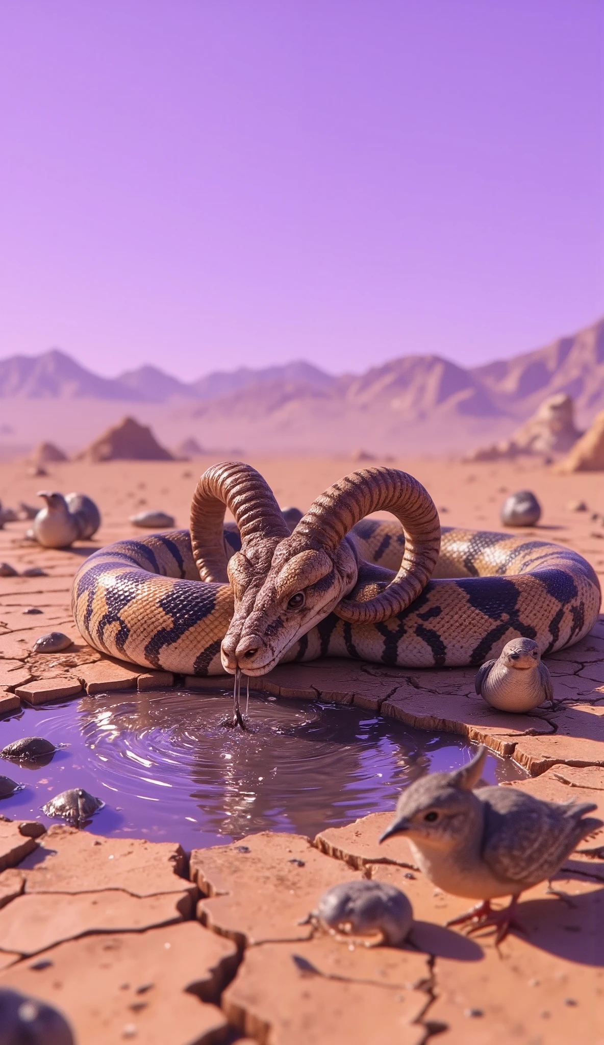 A python with dry, cactus-like skin and coiled ram horns, slithering across a cracked desert under purple skies. Small desert birds drink water stored between its spine ridges. Photorealistic, dry harsh lighting with dreamlike colors.