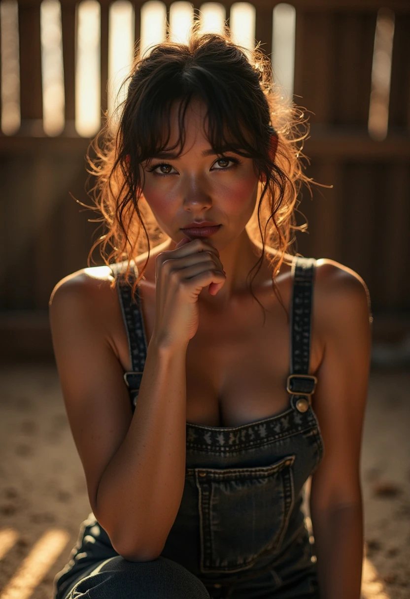 closeup portrait of skswoman, neutral , wearing overalls , big breasts with bra, with silver Side-swept bangs , background moon epic (photo, studio lighting, hard light, sony a7, 50 mm, matte skin, pores,