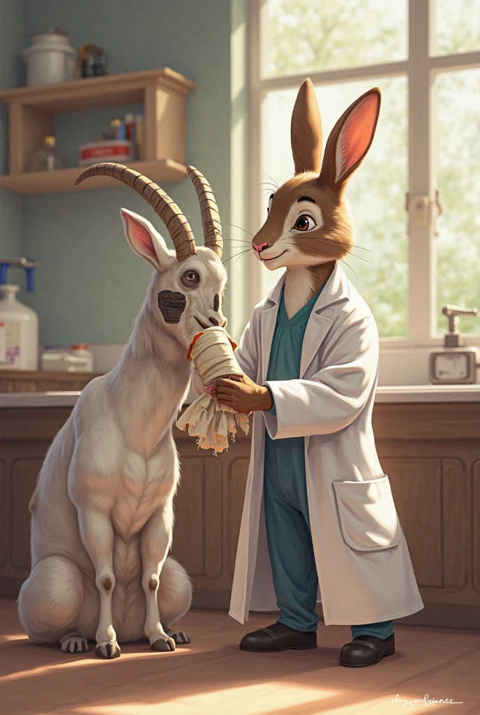 score_9,score_8_up,score_7_up, an Anthro furry female lopunny pokemon, black sclera, tall hourglass figure body, wearing long white doctors coat, doctors head mirror on forehead, white , white , white thigh highs, a stethoscope draped around her neck, hugging a giant syringe needle, 