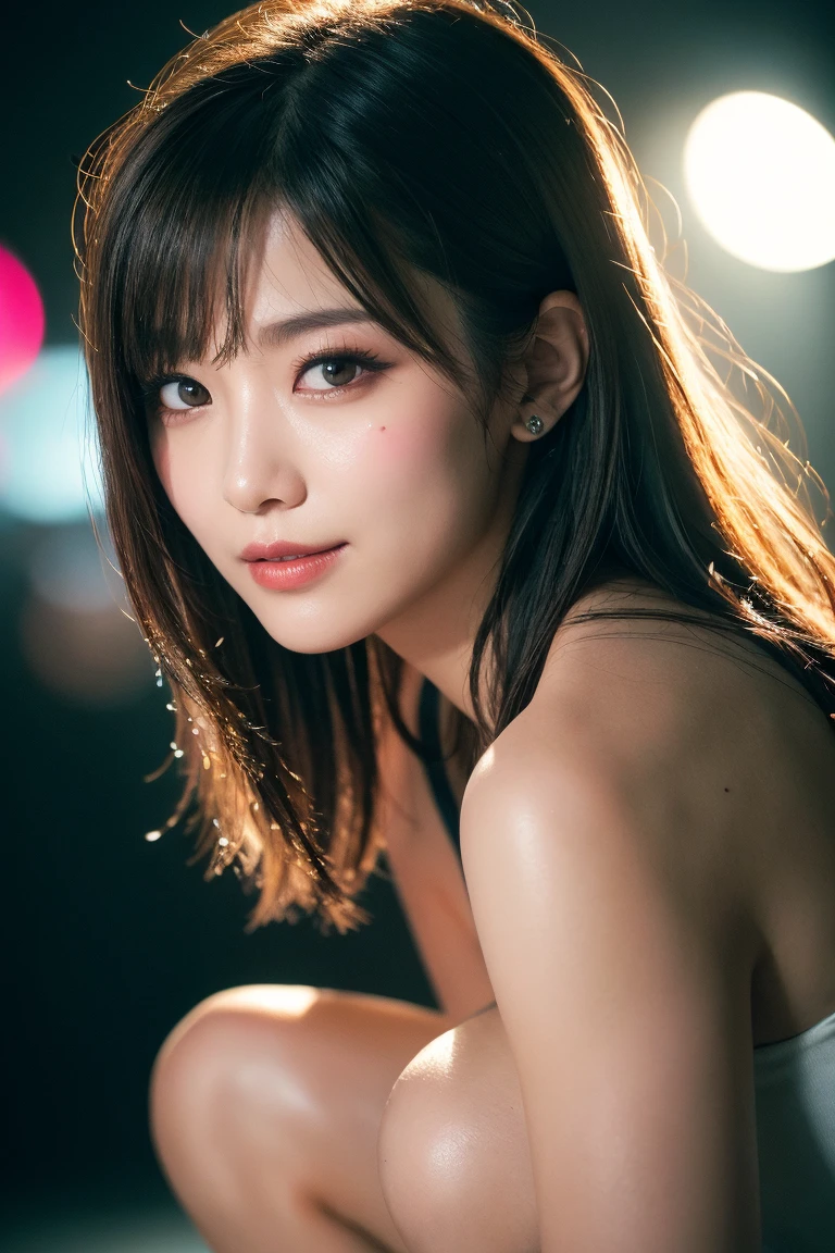 A very beautiful moonlit night、A woman with a very cute face like an idol、Cleavage、Character portrayals indistinguishable from real life、masterpiece