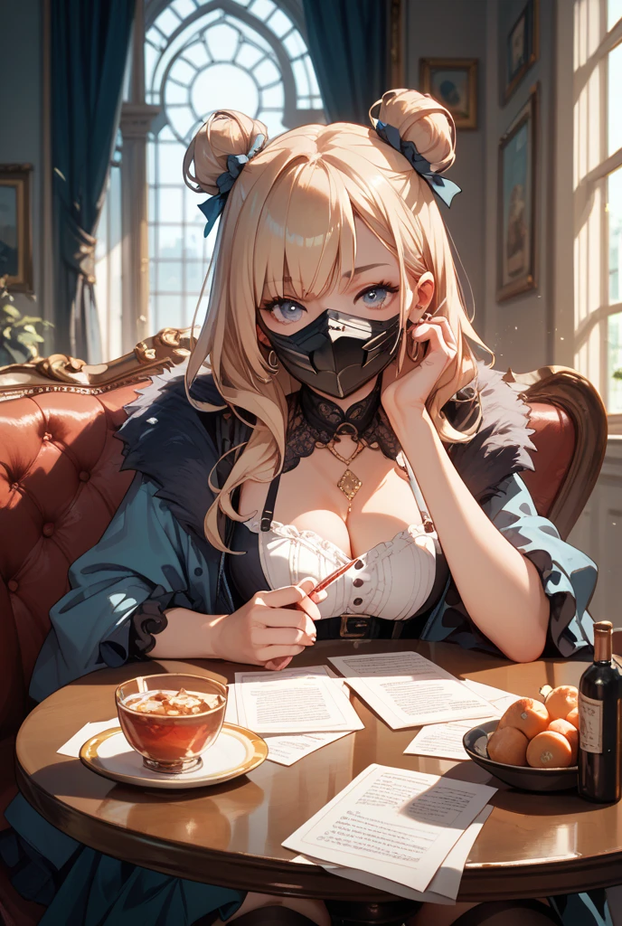 a close up portrait of a wet, happy, blonde hair, Woman, surgical mask, cleavage, Saltbox in the background, sweater vest, by j scott campbell, artgerm, loish