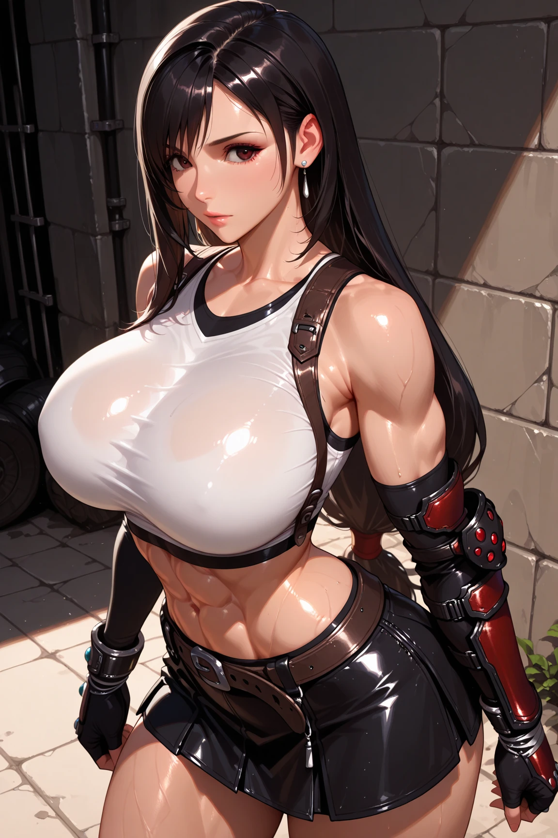 Tifa lockhart, tifa_lockhart,  ff7, sultry face, (black long hair), hair bangs (red eyes:1.3) long eyelashes, beautiful red eyes with brightness, surrealism, shadow, stereogram, (photorealistic, realistic: 1.2), POV, atmospheric perspective, cinematic lighting, ray tracing, 8k, super detail, best quality, masterpiece, well detailed, (Canan EOS R6, 135mm, 1/1250s, f/2.8, ISO 400:0.9), on a beach, sunset sky, red combat gloves, big breasts, slim, large boobs, huge boobs, (((ridiculously large breasts))), (absurdly huge breasts:1.5), ((gigantomastia)), ((macromastia)), (((gigantic breasts))), (((((enormous breast))))), white bikini