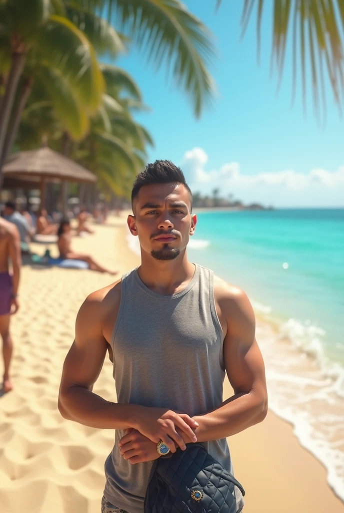 Digital photograph of a Latin person on a Caribbean beach, full body, in photorealistic style. The image should show careful details in the shapes of the hands, head and all parts of the body, with an elegant play of light and shadow that highlights the naturalness of the beach environment. The subject's pose should be natural and relaxed, with a facial expression that conveys tranquility and enjoyment of the surroundings. The background should include typical beach elements such as sand, waves and clear sky, without distracting from the main subject.