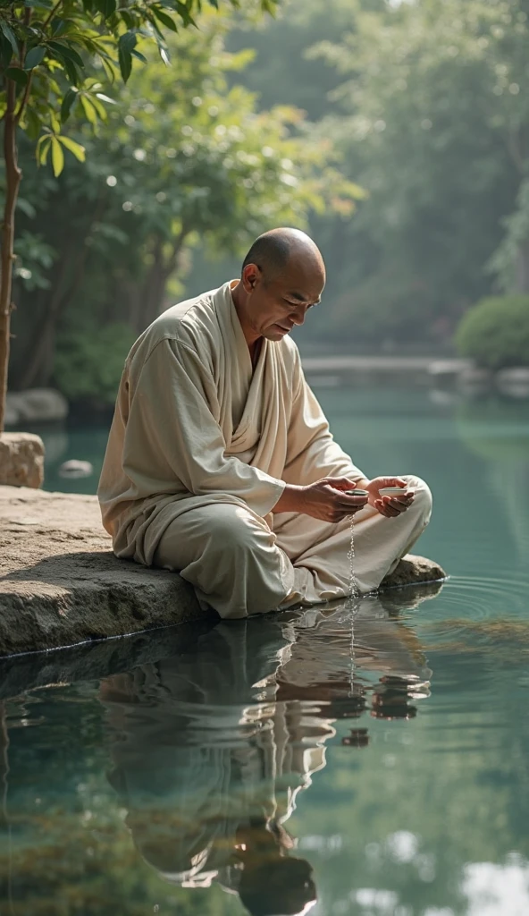 Masterpiece: 1.3, highest quality, super detailed, photorealistic, raw photo, high resolution, a monk wearing white clothes is sitting in a waterfall, water covers his whole body, he is in the water, bathing in water under the waterfall , palms together in prayer, Zen meditation, the water of the waterfall hits him, he closes his eyes, concentration, meditation, training, magnificent waterfall, rocks, moss, silence, sitting under the waterfall, solitude, rugged facial expression, face focus, water splash