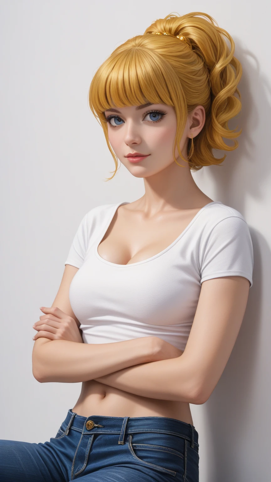 1girl,ultra-detailed, semirealistic, detailed face, detailed body, yellow hair, collarbone, open white shirt, large breasts, looking at viewer, oversize shirt, short hair, solo, yellow bra, full body, shirt, oversize white shirt,standing, yellow bikini, holding two daggers,wearing flip-flops