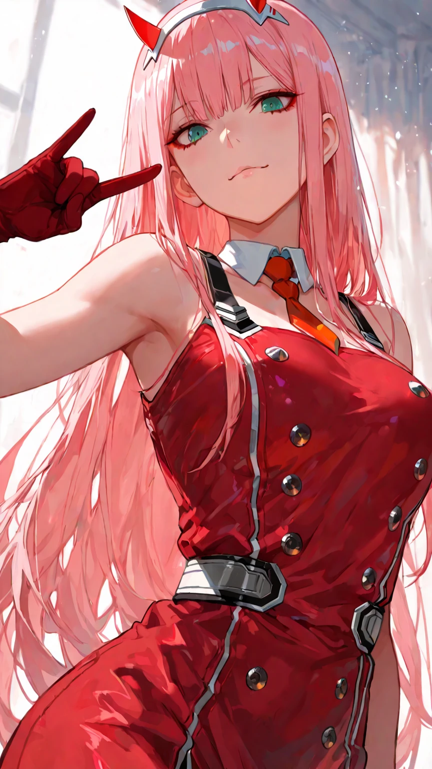 zero two \(darling in franxx\), darling in franxx, 1girl, bangs, bite, shadow, green eyes, horns, long hair, looking at the viewer, small breasts, makeup, red bodysuit, pink hair, red eyeshadow, tight skin, solo