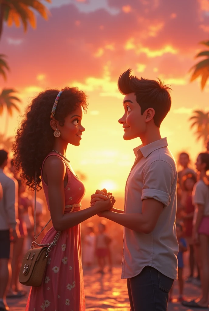 (best quality,4k,8k,highres,masterpiece:1.2),Disney movie poster,romantic couple in Aruba,illustration,ocean breeze,[vibrant colors],sandy beach,clear blue sky,tropical paradise,beautiful sunset,lovers holding hands,detailed facial expressions,sparkling eyes and smiles,summer fashion,relaxed atmosphere,perfectly captured moment,memorable holiday,emotional connection,sun-kissed skin,shimmering water,swaying palm trees,joyful laughter,romantic getaway