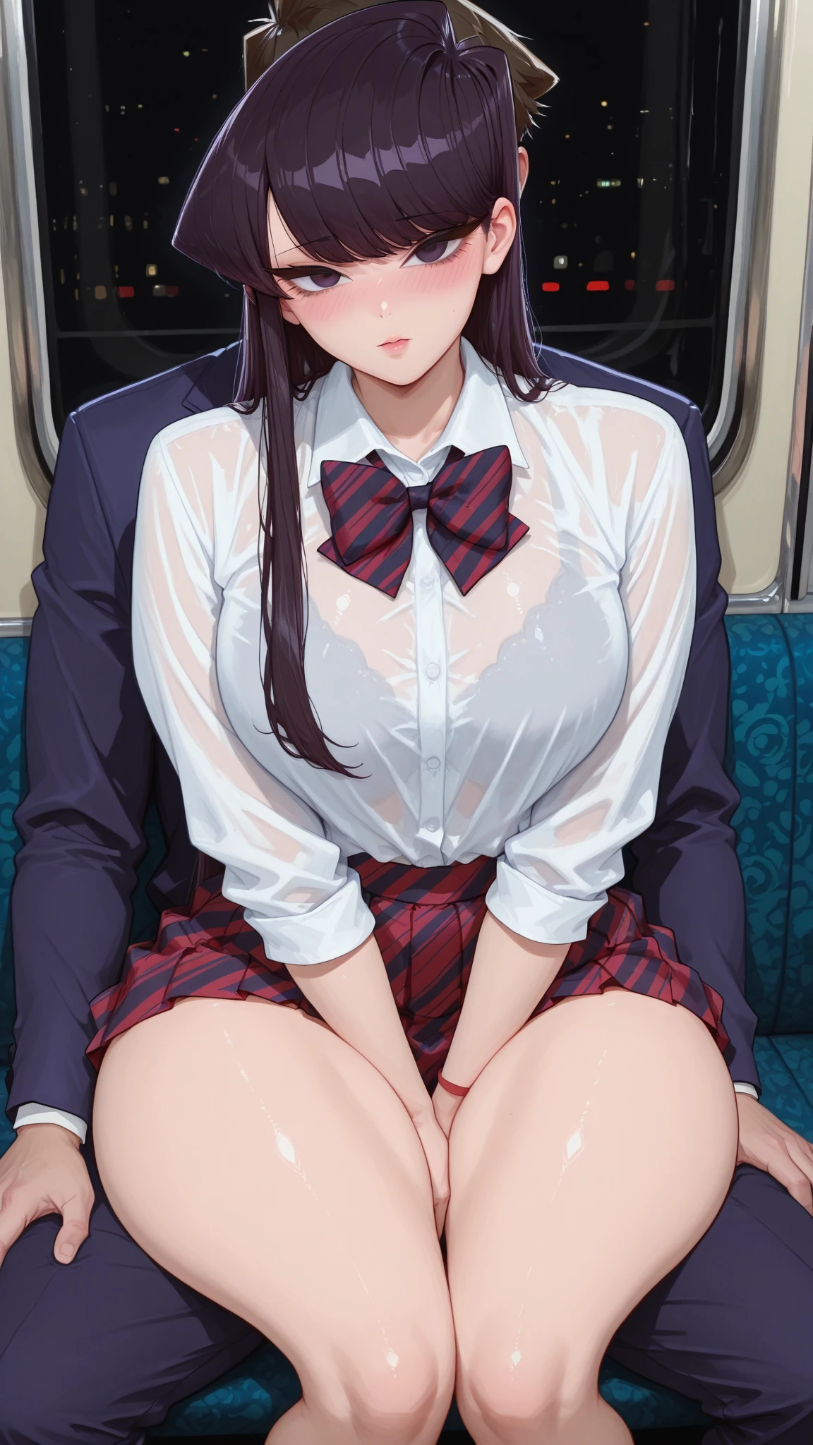 masterpiece, best quality, ultra high res, ultra-detailed, nfsw, inside a public bus, night, night city illumination, beautiful night city landscape, (a group of old men having sex with a girl: 1.4), 1 girl, slut, MIlF, 40 years old, red hair, blue eyes, long air bangs hairstyle, red gloss lipstick, black eyeliner, hairy pubic hair, (gigantic tits and giant cleavage), wet, (unbuttoned white shirt: 1.3), (no bra: 1.3), (pleated black mini skirt: 1.3), (black lace-trimmed tights: 1.3), (black short boots: 1.3), (school red ribbon: 1.3), horny, sexy, (she is gangbanged by multiple old men on a bus with lots of cum and having a horny slutty face and moaning with open mouth and tongue out: 1.6)