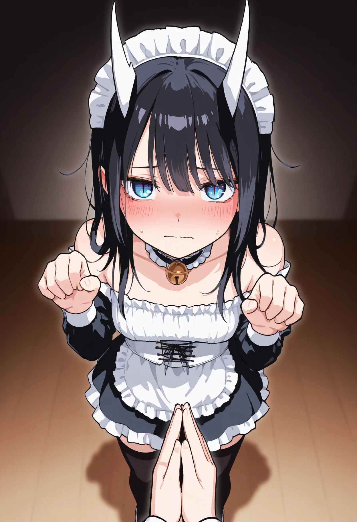 (masterpiece, best quality, highres, super detail illustration), skirt lift up, nsfw, cum, spread legs with standing, tears up, maid clothes, bottomless, clean floor, crying, arms up, restrained, shackles, missionary, 1boy, penis, vaginal, pov, sex,