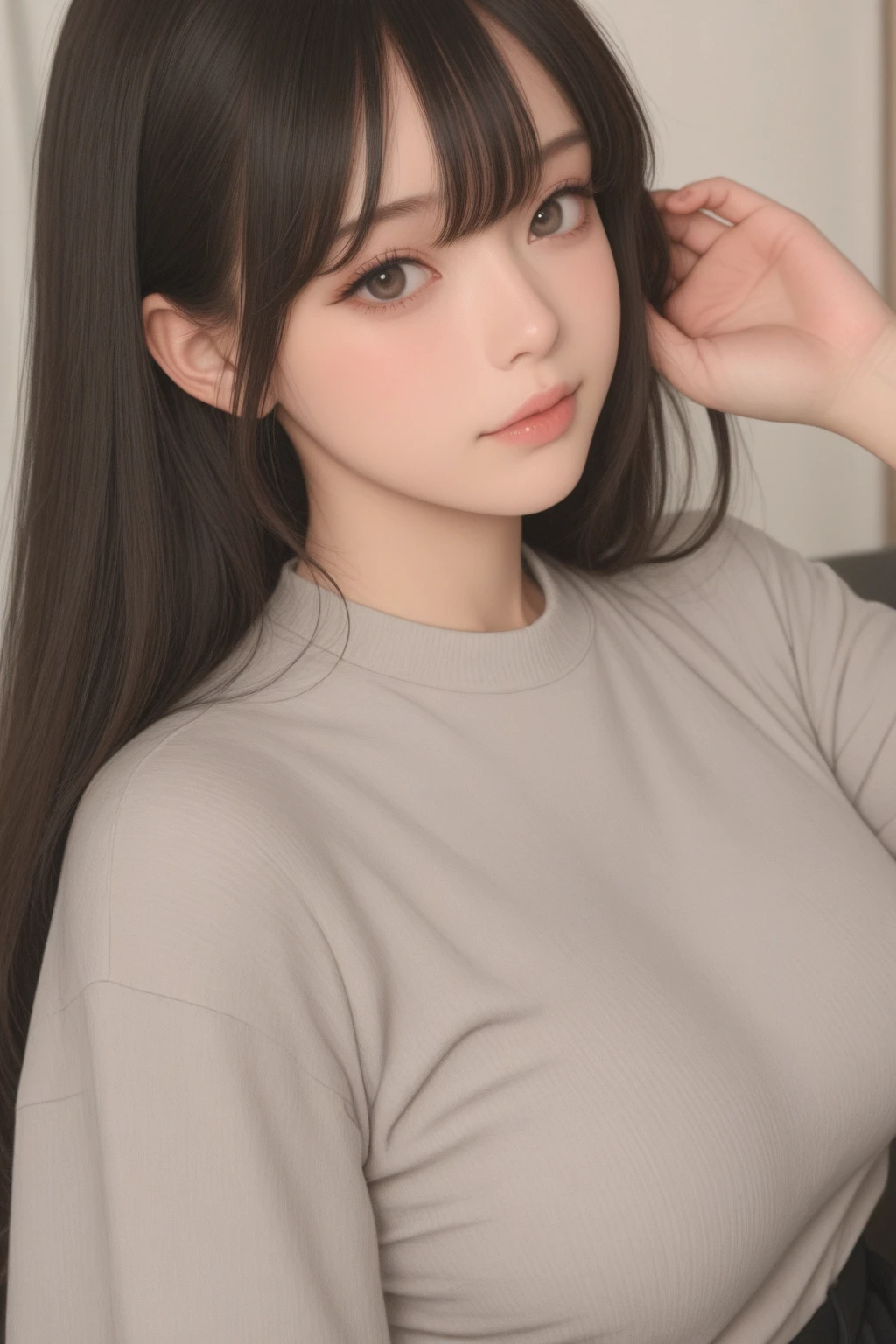 (masterpiece), (best quality, highres, highly-detailed, illustration), 1girl, solo, city, contemporary, black wavy long hair, green eyes, beautiful detailed eyes, proportional face, big breast, huge breast, gigantic breast, she only wear a white off-the-shoulder sweater,8k, trending on ArtStation, featured on Pixiv, hotel room, night, 
