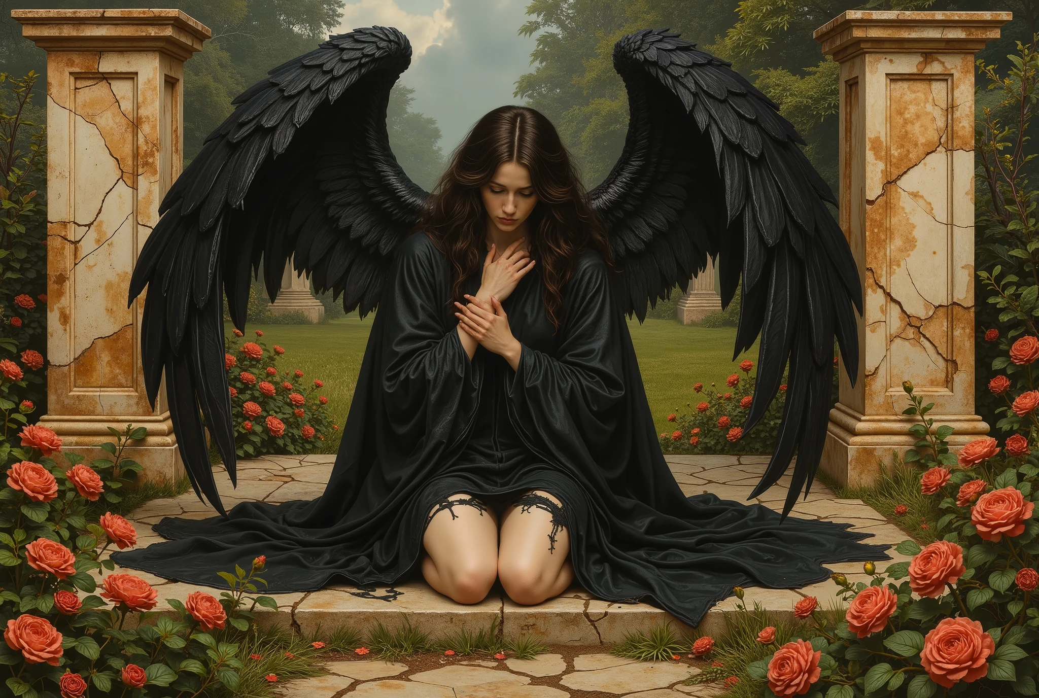 Angel with black wings, black robe, frail, demure, anemic, Victorian garden, crumbling marble, A narrative of the "dark angel" unfolds across three haunting images, each a testament to the fallen angel's sorrowful descent, echoing the Pre-Raphaelite artistry of Edward Burne-Jones and Dante Gabriel Rossetti., a figure kneels in a garden of dying flowers and vines, vast black wings unfurling like shadows. The angel, cloaked in darkness, bows over a shrouded form, its feathers jagged and worn, suggesting a fall from grace. --a solitary angel with a broken wing, her head bowed in silent despair. Her dark, flowing hair and tattered gown evoke Rossetti's intense emotional depth, the texture of her wings painted with a gritty realism that mirrors the Pre-Raphaelite obsession with nature's decay. The sepia background, cracked and stained, frames her as a relic of lost divinity, her gaze inward, embodying the fallen angel's eternal regret. -- The angel sits against muted tones and melancholic pose reflect Burne-Jones' ethereal melancholy, where divine beauty meets earthly ruin. -- Barry Windsor Smith -- Lurid vivid colors and details,an ominous mood, chilling atmosphere, smoky ambiance, cinematic composition, detailed, intricate, medium contrast, murky blue and green back lighting, volumetric lighting, romantic period art, lurid and vivid colors, "anatomically correct human" "realistic proportions" "natural human pose" "full figure, accurate anatomy" "correct fingers and joints", moody lighting, chiaroscuro, Italian pulp comic color palette, saturated dark orange tones and dark muddy greens, sparse red tinges on the edges of objects, film grain, , dramatic shadows, unnatural angles, dark frame around image, vignette effect, Suspended reality and dreamlike quality, Symbolic and grotesque imagery, Intricate lighting and shadow play, Stylized color palettes, Dynamic framing and composition, erotic, sexy, NSFW, more of a classic painting/illustration style than a photograph