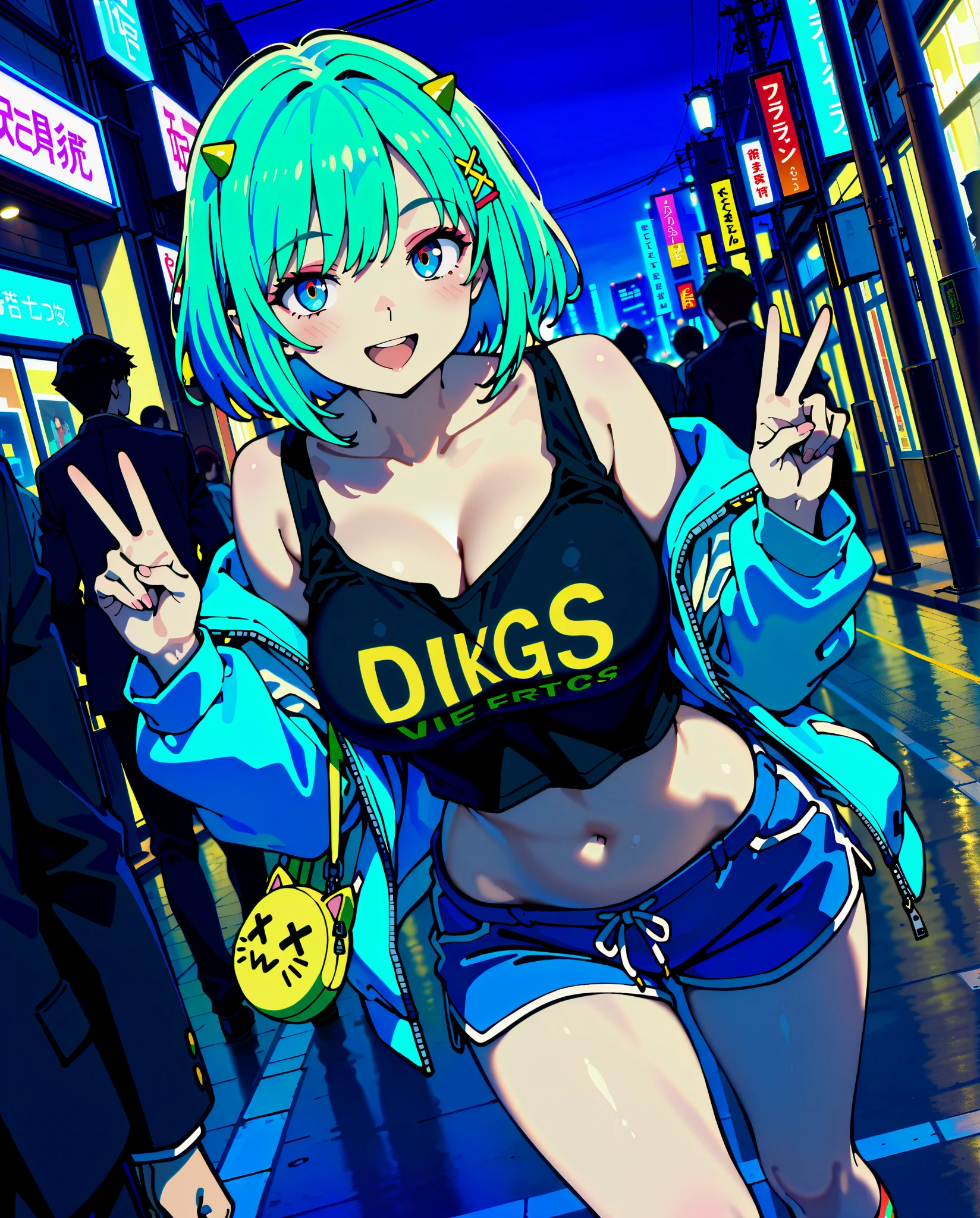 8K,Super detailed,super high quality,Ultra-precision,The ultimate masterpiece,Real Anime、3d、Splatoon Gal, A slightly thinner face、gigantic breast、Cleavage、Big Thigh,White Leather Jacket,jeans, Golden eyes twin tails(blonde&Pink mix tentacle hair),Cool graffiti on the wall,Cyberpunk Street,