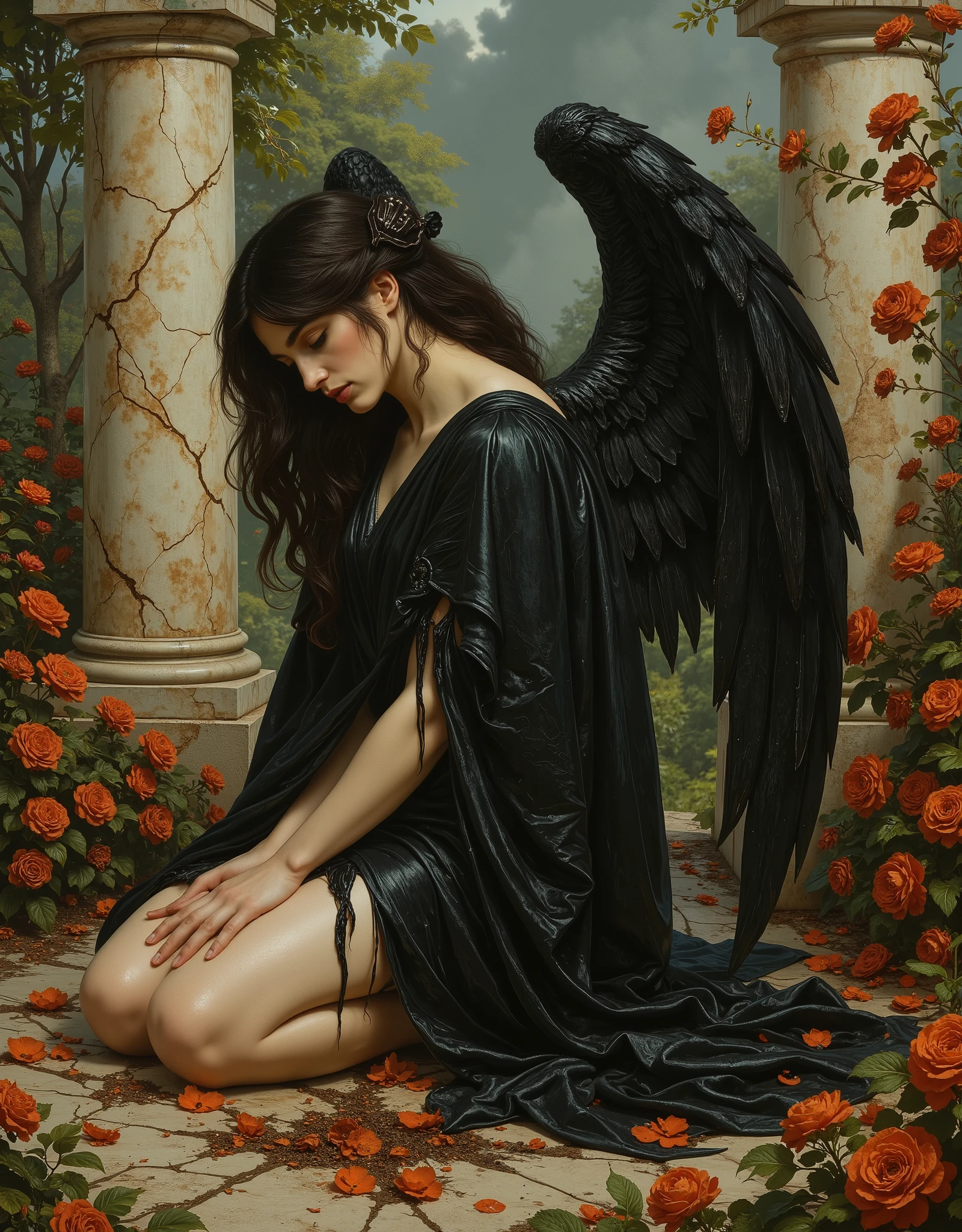 Angel with black wings, black robe, frail, demure, anemic, Victorian garden, crumbling marble, A narrative of the "dark angel" unfolds across three haunting images, each a testament to the fallen angel's sorrowful descent, echoing the Pre-Raphaelite artistry of Edward Burne-Jones and Dante Gabriel Rossetti., a figure kneels in a garden of dying flowers and vines, vast black wings unfurling like shadows. The angel, cloaked in darkness, bows over a shrouded form, its feathers jagged and worn, suggesting a fall from grace. --a solitary angel with a broken wing, her head bowed in silent despair. Her dark, flowing hair and tattered gown evoke Rossetti's intense emotional depth, the texture of her wings painted with a gritty realism that mirrors the Pre-Raphaelite obsession with nature's decay. The sepia background, cracked and stained, frames her as a relic of lost divinity, her gaze inward, embodying the fallen angel's eternal regret. -- The angel sits against muted tones and melancholic pose reflect Burne-Jones' ethereal melancholy, where divine beauty meets earthly ruin. -- Barry Windsor Smith -- Lurid vivid colors and details,an ominous mood, chilling atmosphere, smoky ambiance, cinematic composition, detailed, intricate, medium contrast, murky blue and green back lighting, volumetric lighting,  romantic period art, lurid and vivid colors, "anatomically correct human" "realistic proportions" "natural human pose" "full figure, accurate anatomy" "correct fingers and joints", moody lighting, chiaroscuro, Italian pulp comic color palette, saturated dark orange tones and dark muddy greens, sparse red tinges on the edges of objects, film grain, , dramatic shadows, unnatural angles, dark frame around image, vignette effect, Suspended reality and dreamlike quality, Symbolic and grotesque imagery, Intricate lighting and shadow play, Stylized color palettes, Dynamic framing and composition, erotic, sexy, NSFW, more of a classic painting/illustration style than a photograph 