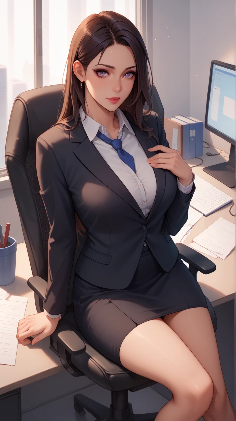 masterpiece、High resolution 8k、Browsing Caution、Sharp focus、Contrast lighting、Fine skin、Flying debris、 Highest quality、Ultra-high resolution、Ultra-high resolution、Detailed CG、stock exchange、Large office room、Lots of big monitors、Desk computer、transaction、document、stock、Chart Screen、Male office lady facing sideways、Woman sitting on chair、Beautiful Eyes、(Detailed Faces and Faces:1 2)、Narrow eyes、Almond Eye、Iris、Eye Gradation Eye Highlight:1.2)、(Light reddish brown hair、middle、Asymmetrical bangs)、(ID card、Shortage of office wear blazers、White dress shirt、Black Pencil Skirt、pumps)、(Fuller lips、gross、Glossy Lips、 size) 、(Oval Face : 1.4)、(Thin fingered arms、Detailed human hand)、Half-laugh、Teeth are visible