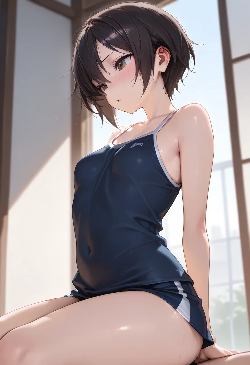 masterpiece, best quality,anime style, 1 girl,(((slender body))), (((small breast))),(((tennis uniform))), ((((restrained, arms behind back)))),((((cum)))), (beautiful face), (((short hair))), (((straight hair))), ((((brown hair)))),detailed beautiful skin, (perfect hands, perfect anatomy)