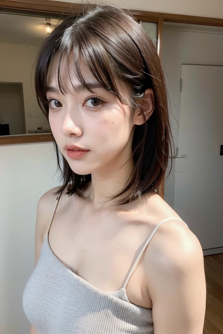 ((top-quality、8K、masterpiece:1.3))、1 girl in、Pretty woman with accentuated slender abs:1.3、(Random Hair Styles)、dressed casually:1.2、inside the house、hyperdetailed face、A detailed eye、二重まぶた、undergarment、Colossal tits、Emphasis on the chest