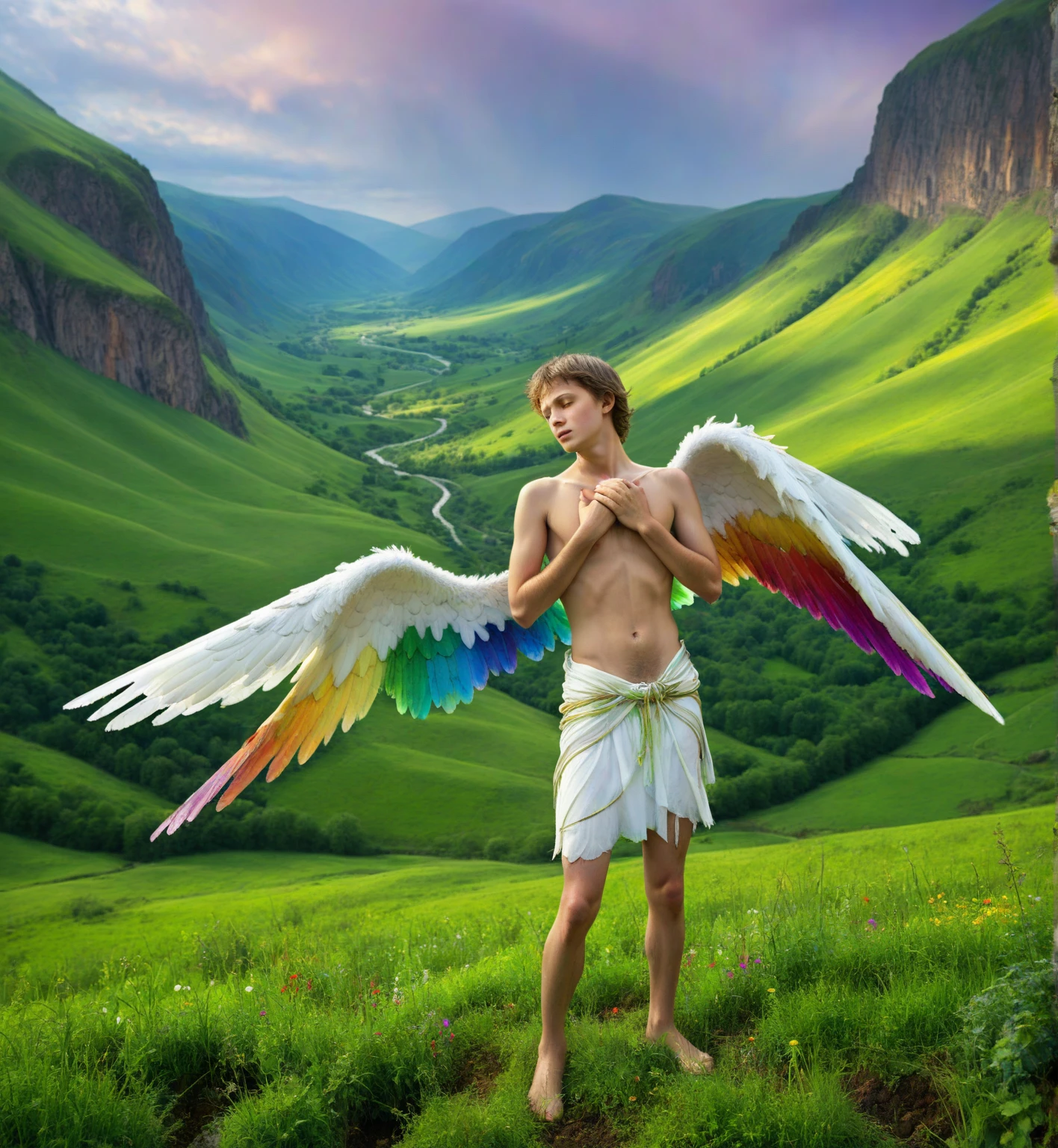 2 Young cute handsome white skinny beautiful face shirtless naked big penis with a winged white horse