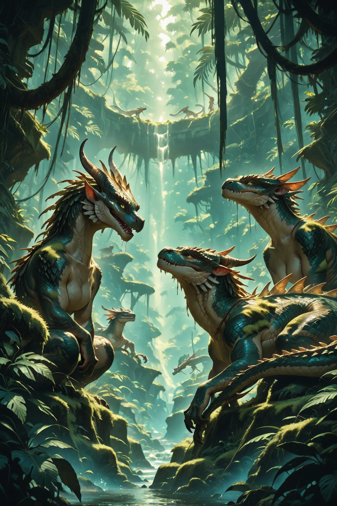 Fantasy anime image with very detailed and specific magical race characters: a snake man, a fire lion, a wooden stick man, a crystal giant, an emerald dwarf, fluffy winged beings with arrowhead tails, wasp dragons, elf skeletons, tiny furries, and forest fairies