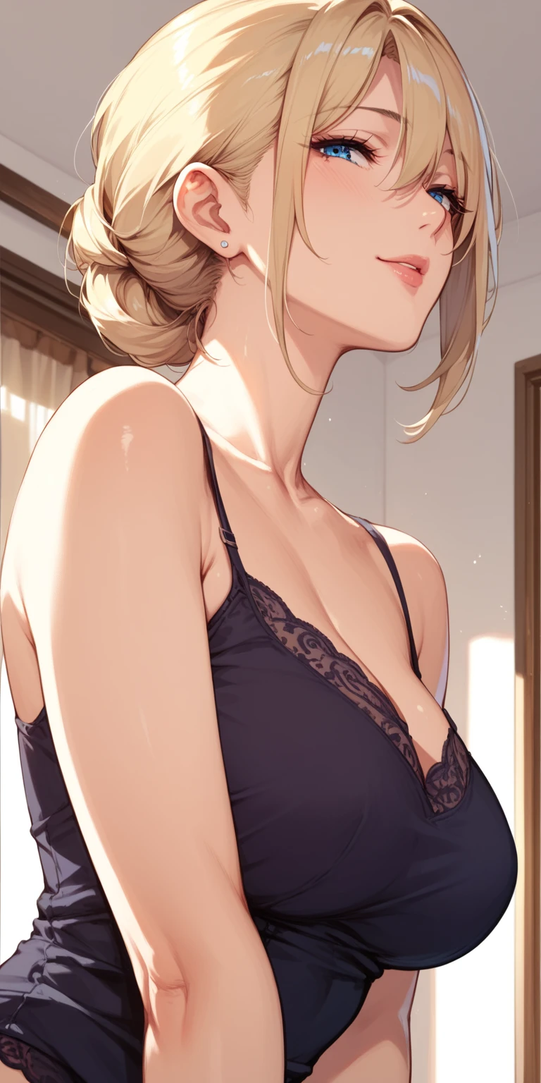 (8k, RAW photo, best quality, masterpiece:1.2),1girl,solo,blonde hair,smile,black bikini,flat chest,looking at viewer, sitting on the bed,bedroom,