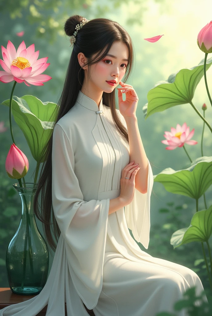 "Hello! I would like to request you to create an artistic painting of a Vietnamese girl in a gentle light. Her face radiates a soft and ethereal beauty, adorned with delicate features that evoke a sense of tranquility. With a gentle smile playing on her lips, she holds a lotus flower in her hand with a serene grace, symbolizing purity and enlightenment. She wears a form-fitting white áo dài, elegantly highlighting her figure while exuding an exquisite and delicate charm. The painting should capture not only the allure and artistry of this traditional attire but also the captivating essence of her face, the serene gesture of holding the lotus, and the warmth of her smile. Please convey this through a palette of soothing colors, flowing lines, and intricate details. Thank you very much!"