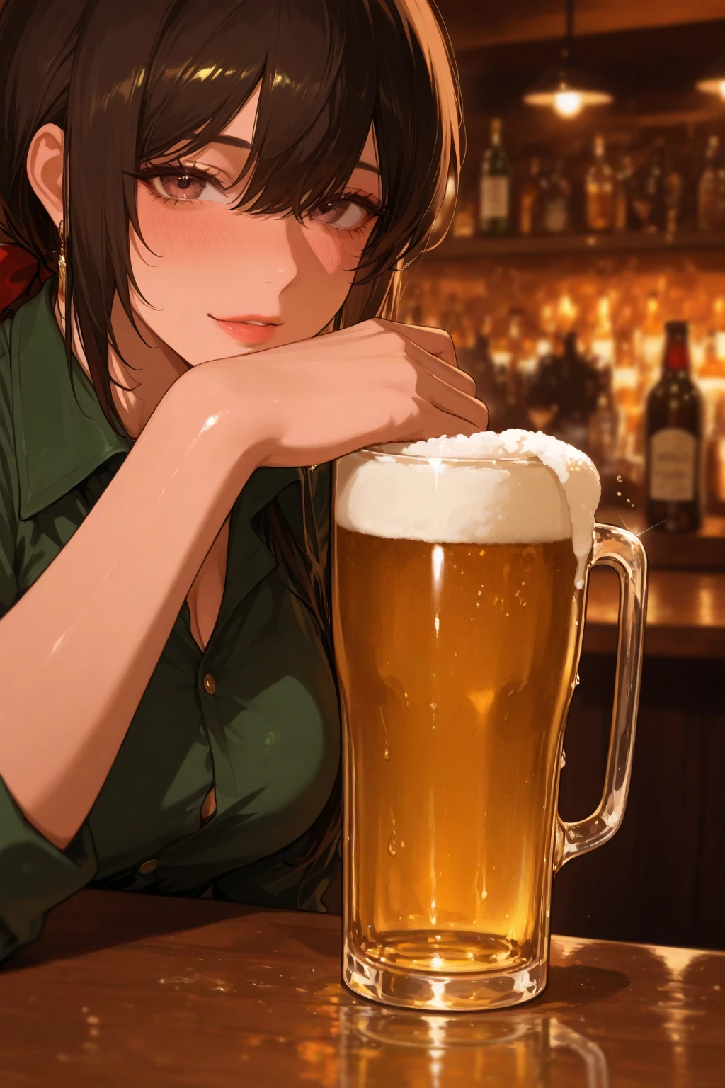 Best quality, ((Masterpiece)), (Realistic), A woman, Beer garden, Drinking beer was delicious, Hot and sweaty, Place it next to her face, closing her eyes, 1woman, Sour face, green shirt, food, Solo, Open shirt, Lace shirt, Floral shirt, colorful skirt, Mini skirt, Piva