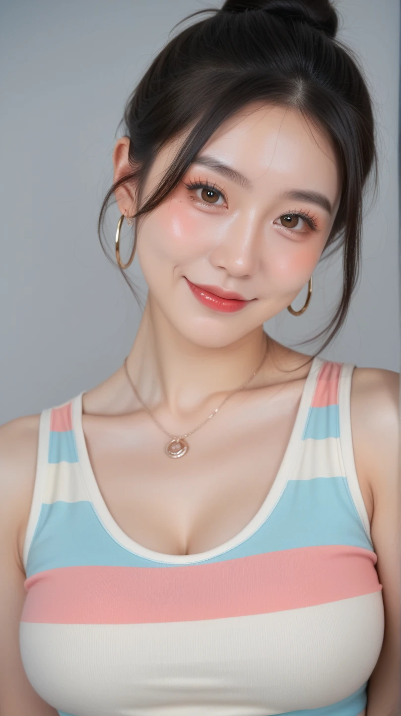 Extreme close-up of beautiful korean female, 34 inches breasts size, wearing striped tank top, in the store, UHD