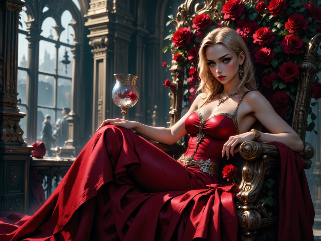 Persephone, full body potrait of a photorealistic beautiful white hair , devilish, messy hair, in a dark garden, hell, gloomy, exotic black and red vilain dress, choker style colar, blood color eyes, detailed face, goth, full body, dark fantasy, red flowers, overcast, foggy