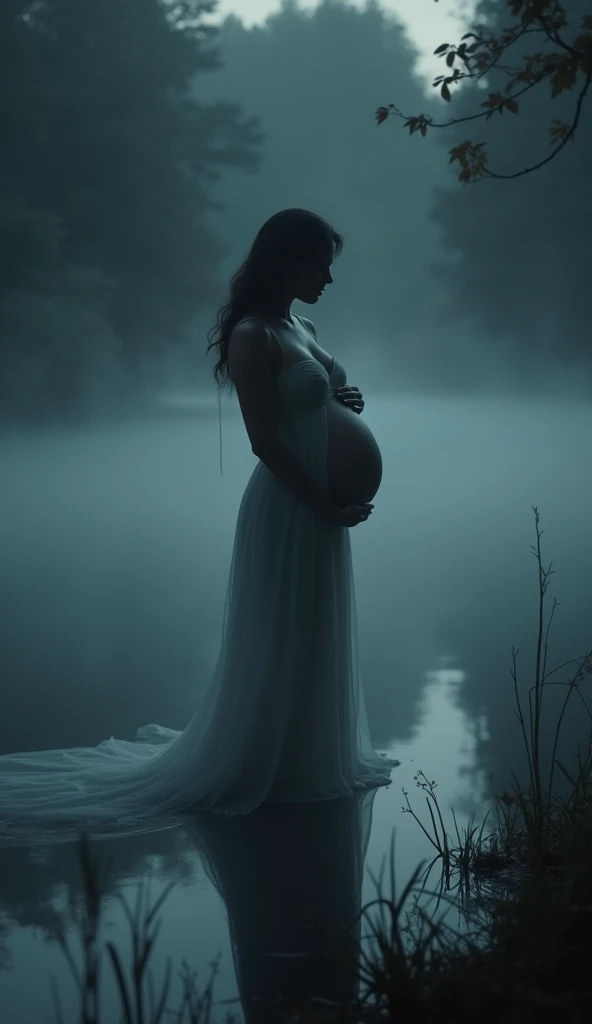 Brazilian woman, alone, with a crescent moon in the background standing out and a developing baby inside her womb with her bare belly and covered breast.